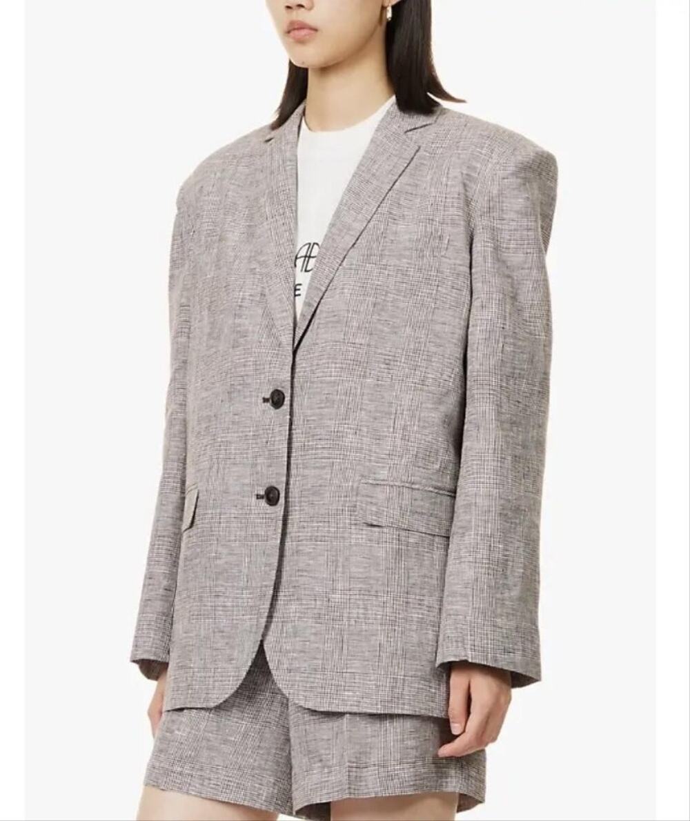ANINE BING Quinn Blazer Womens Medium Brown Plaid Check Linen Relaxed Fit
